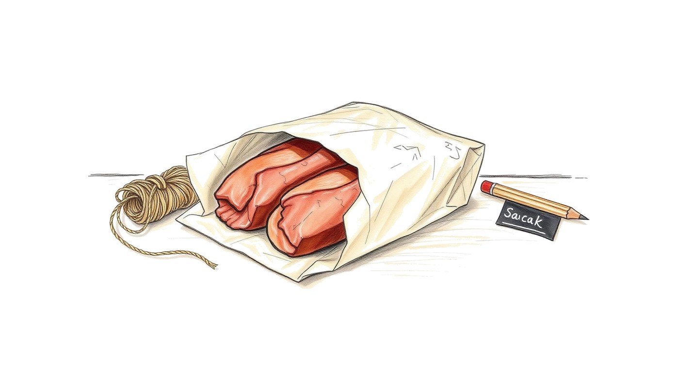 Colored-pencil sketch of duck breasts wrapped in butcher paper with twine