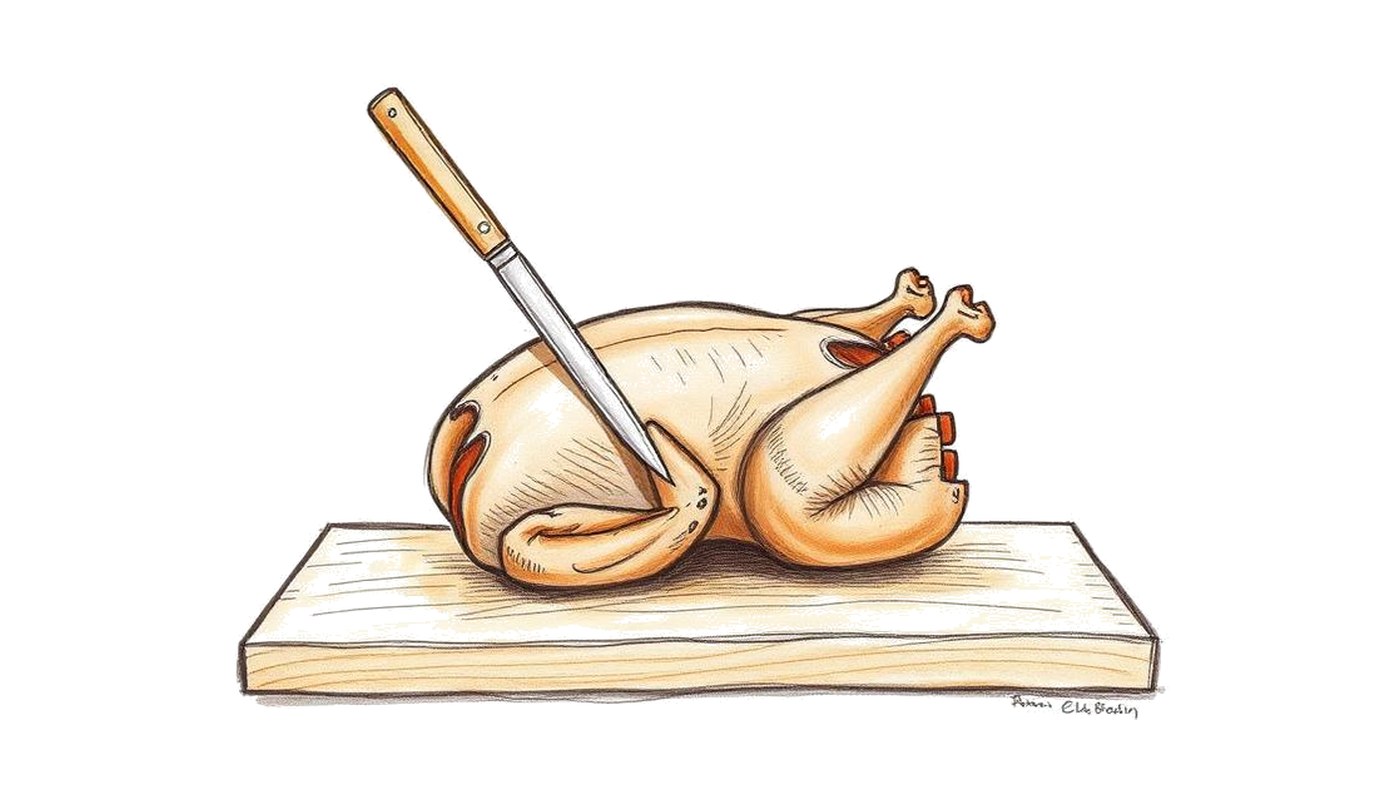 Colored-pencil sketch of a roast duck being carved on a wooden board