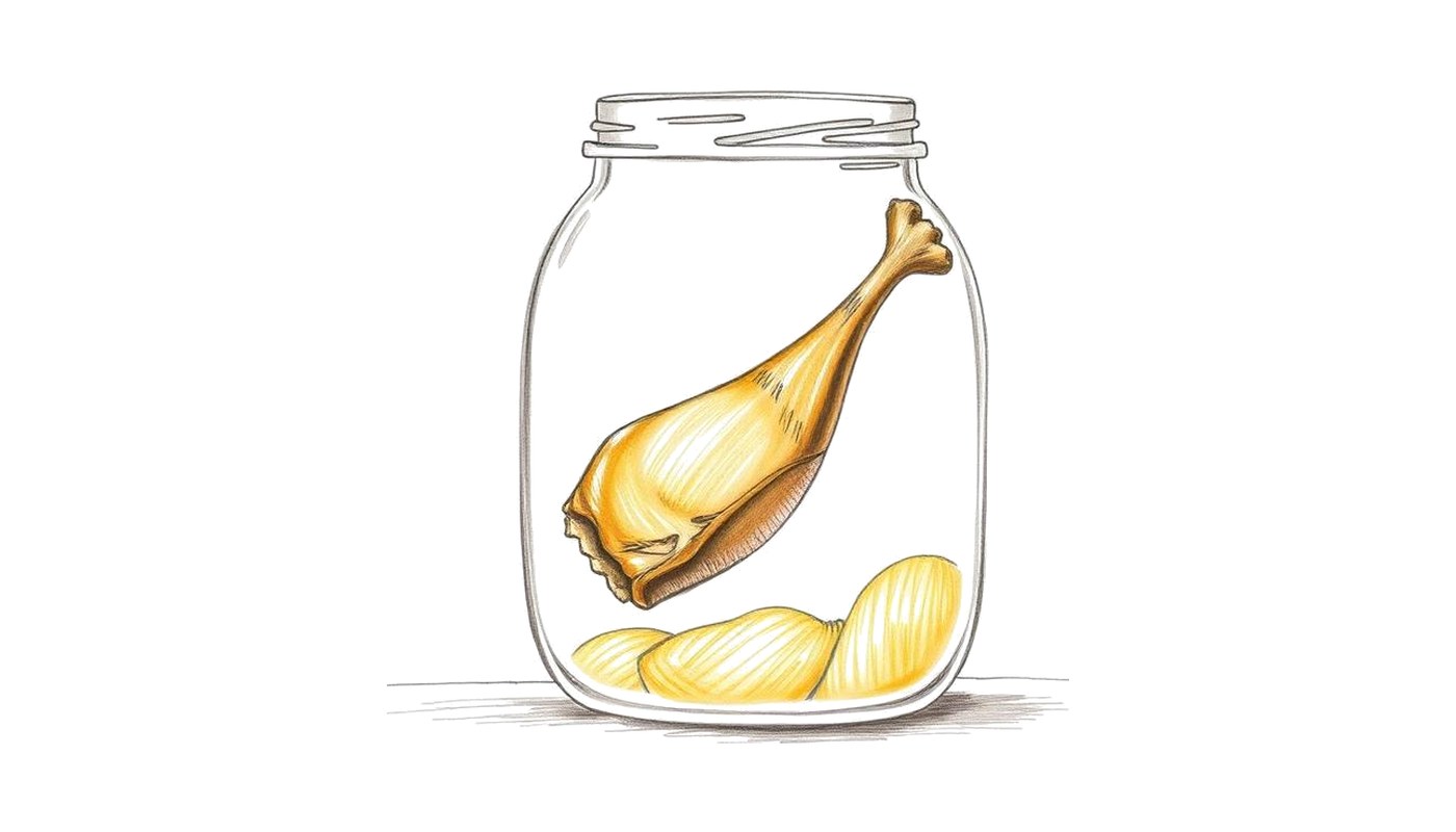 Colored-pencil sketch of a duck leg preserved in golden fat inside a glass jar
