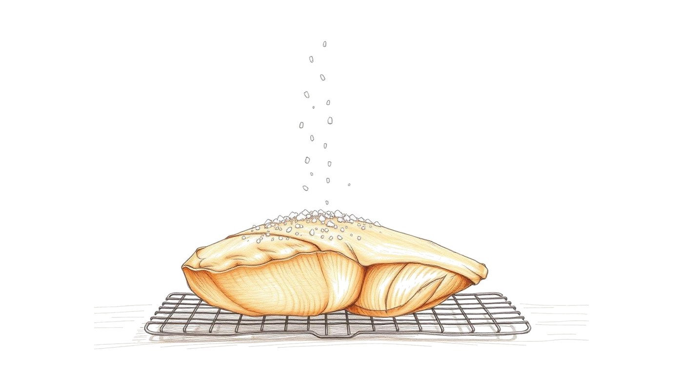 Colored-pencil sketch of coarse salt falling onto a duck breast on a rack