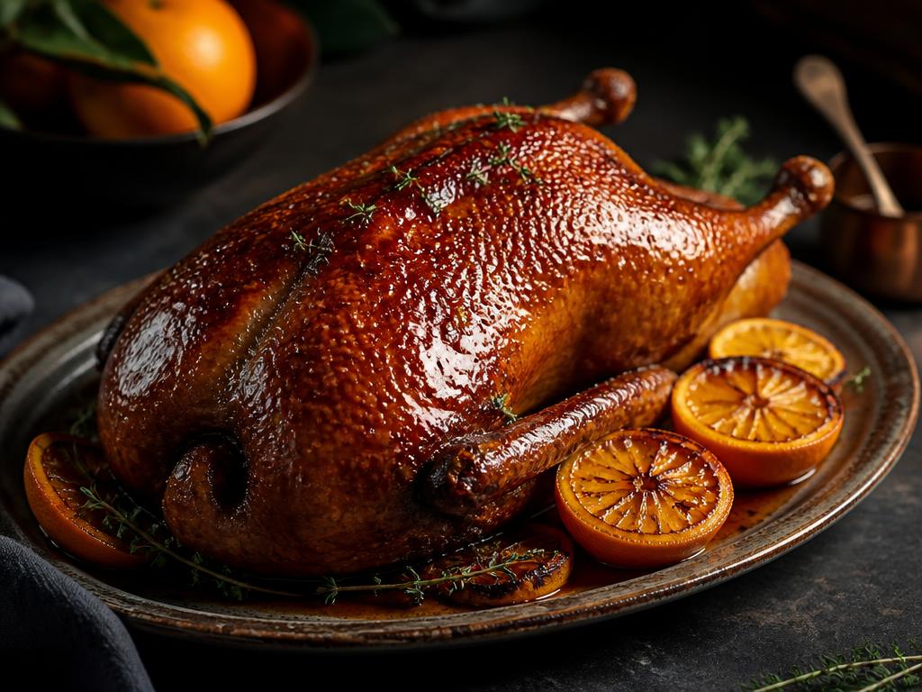 Whole roast Duck à l’Orange with crisp mahogany skin and orange gastrique