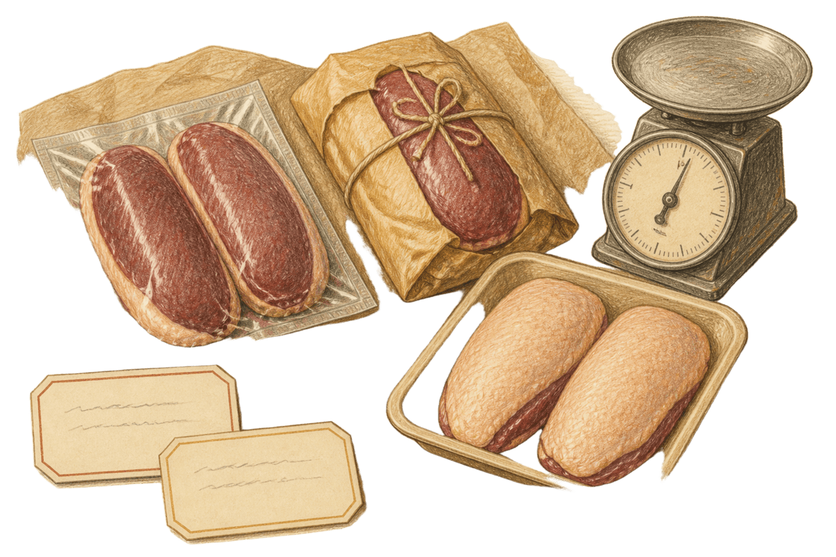 Colored-pencil sketch of three unbranded duck breast packages on butcher paper — a vacuum-sealed pair, a paper-wrapped single breast, and an open tray of two skin-on breasts — beside a kitchen scale and two blank labels