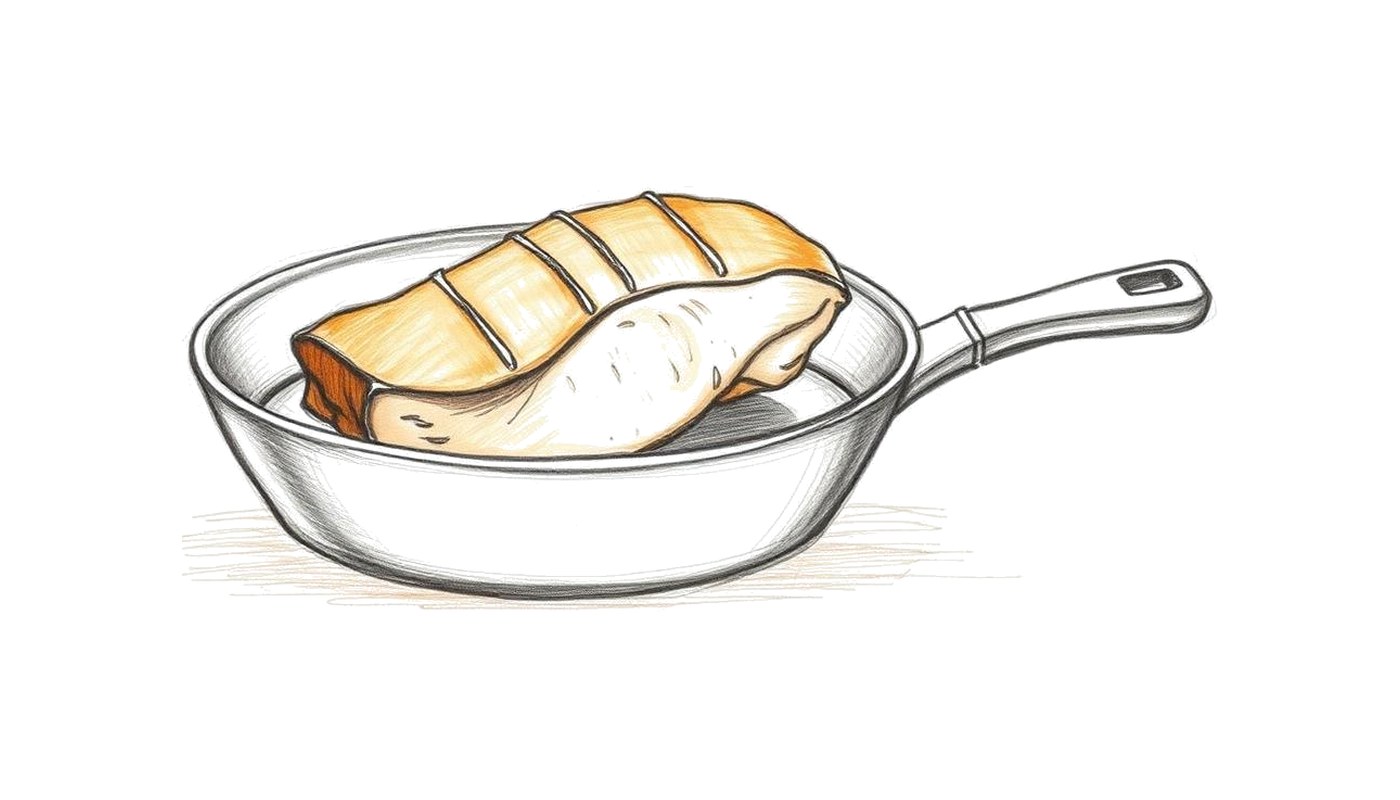 Colored-pencil sketch of a scored duck breast rendering skin-side down in a skillet