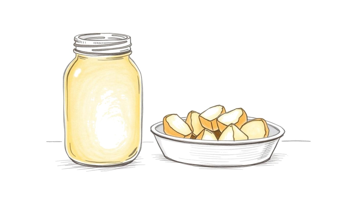 Colored-pencil sketch of a jar of duck fat beside a pan of roast potatoes