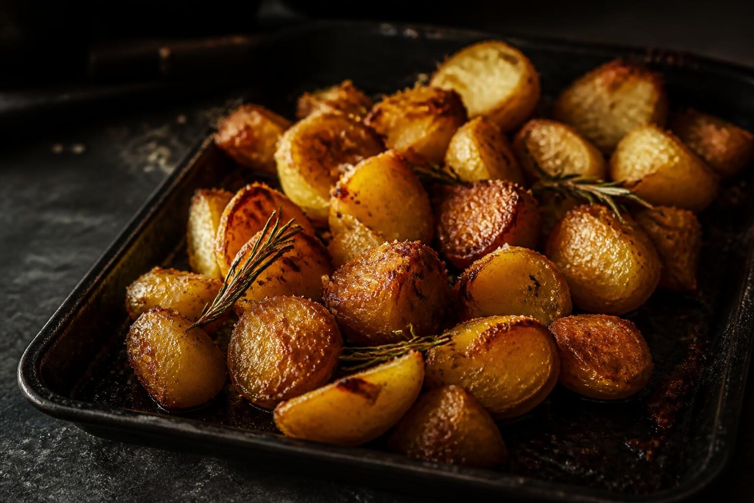 Deeply golden duck fat roasted potatoes with craggy edges on a dark metal roasting tray