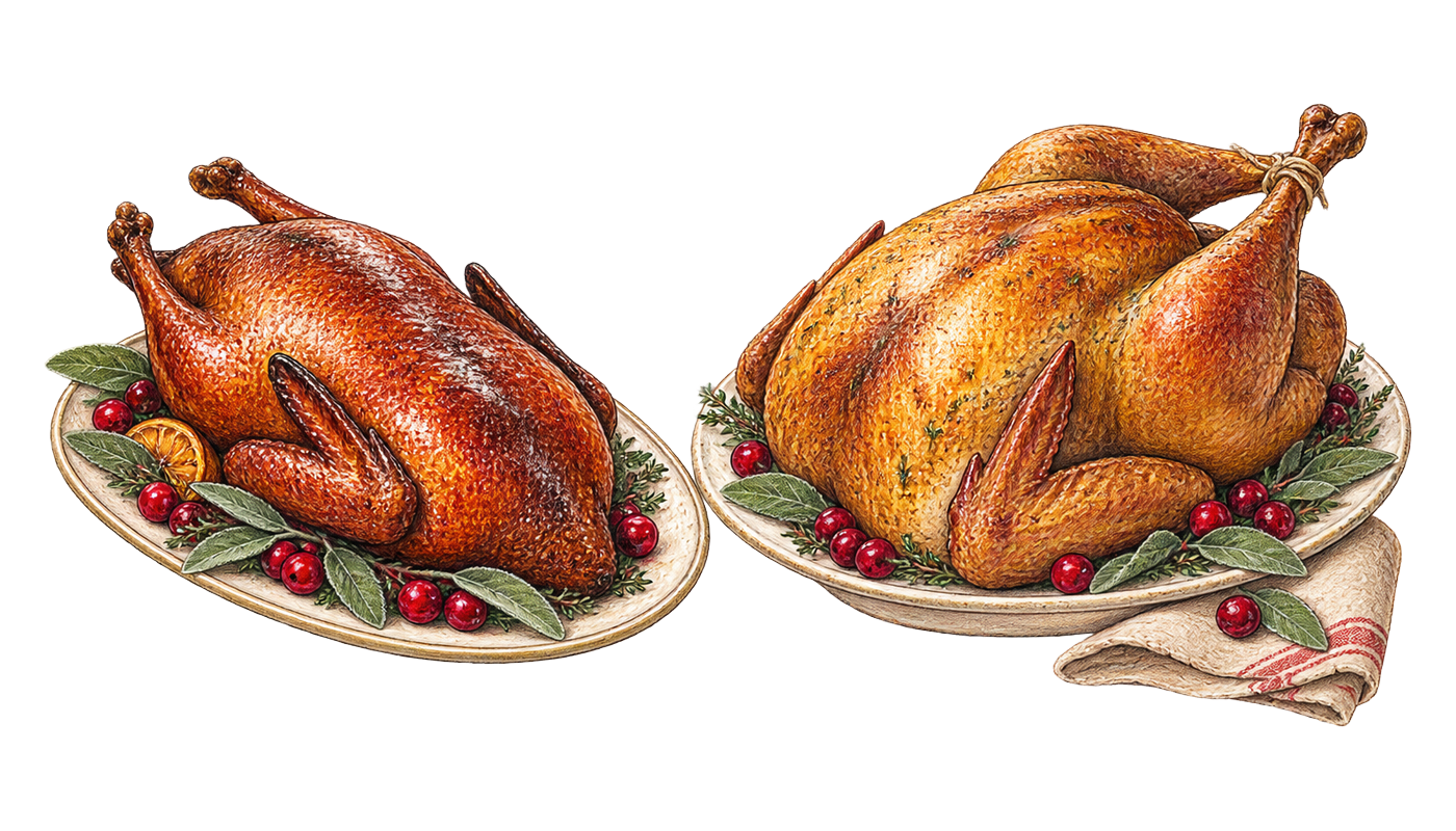 Colored-pencil sketch of a roast duck and a roast turkey side by side on platters with sage, cranberries and orange