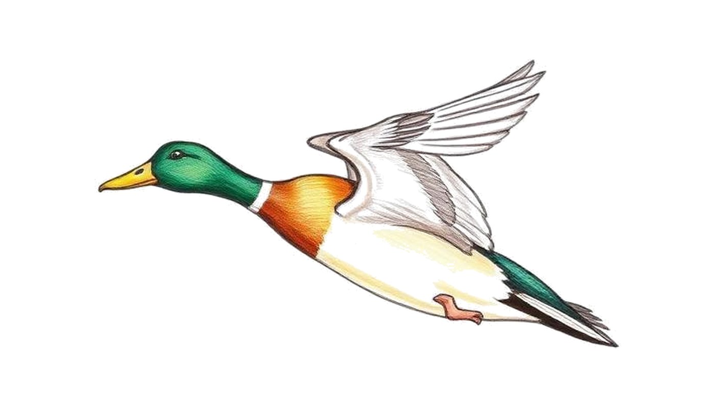 Colored-pencil sketch of a mallard in flight across an open sky