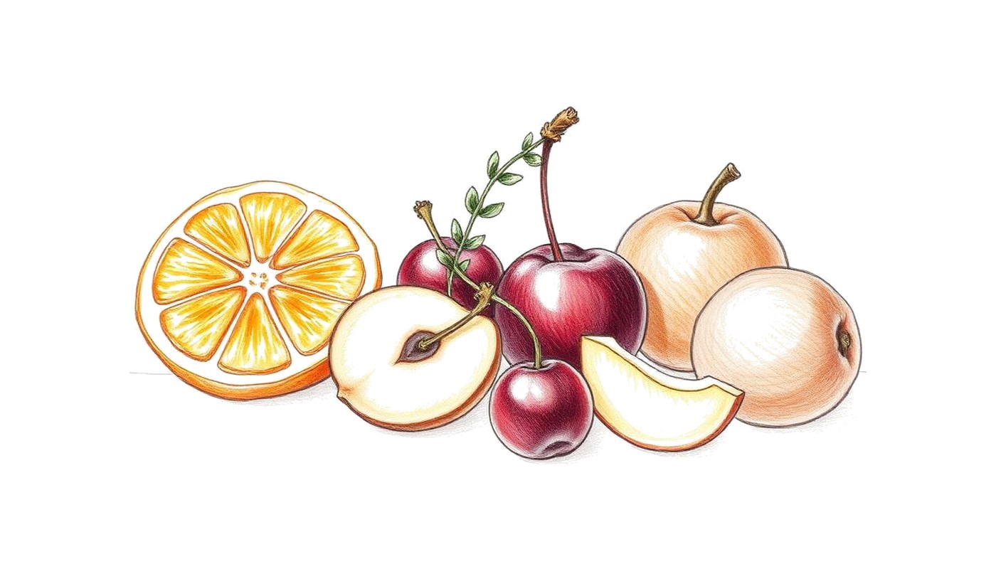 Colored-pencil sketch of orange slices, cherries and plums with thyme