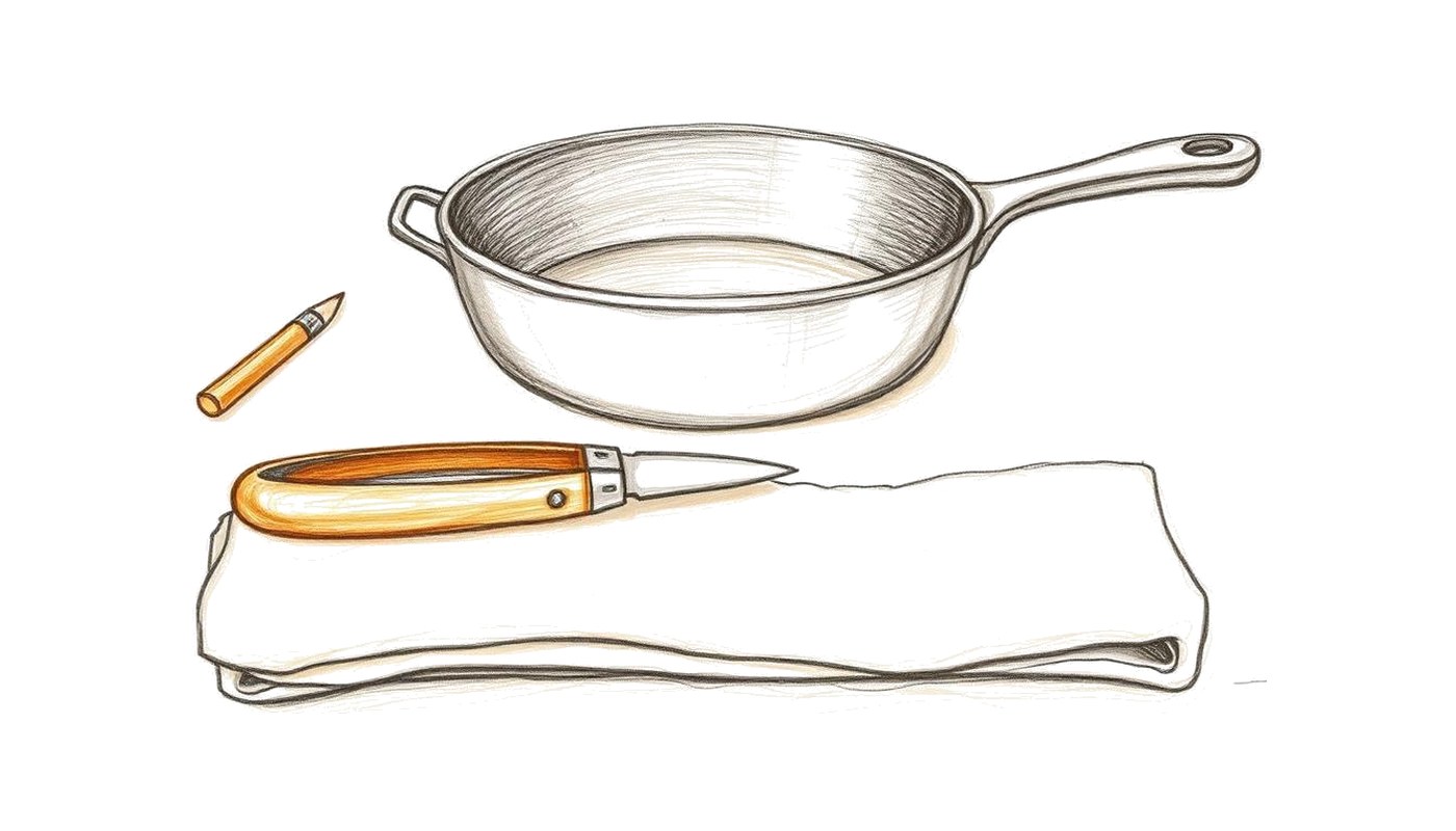 Colored-pencil sketch of a skillet, knife, tongs and linen towel laid out