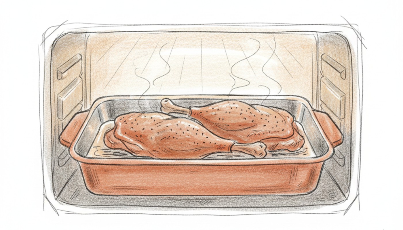 Colored-pencil sketch of an open oven with a roasting tin under warm light