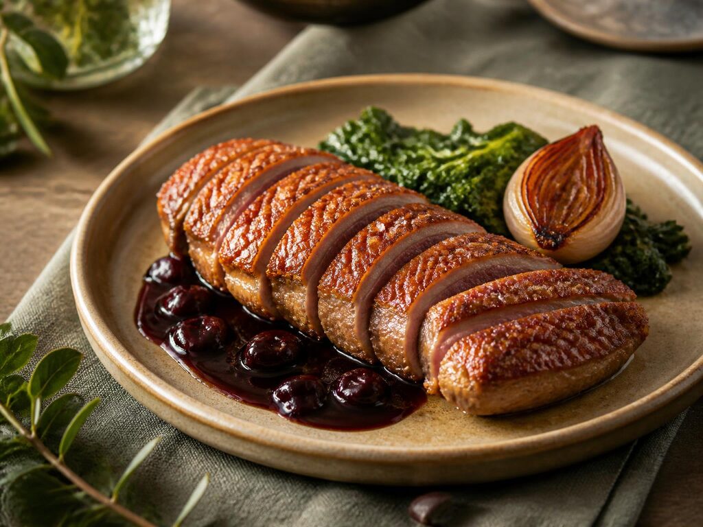 Sliced air fryer duck breast with crisp golden-brown skin and a rosy centre, served with an optional dark cherry sauce that is not part of the recipe below