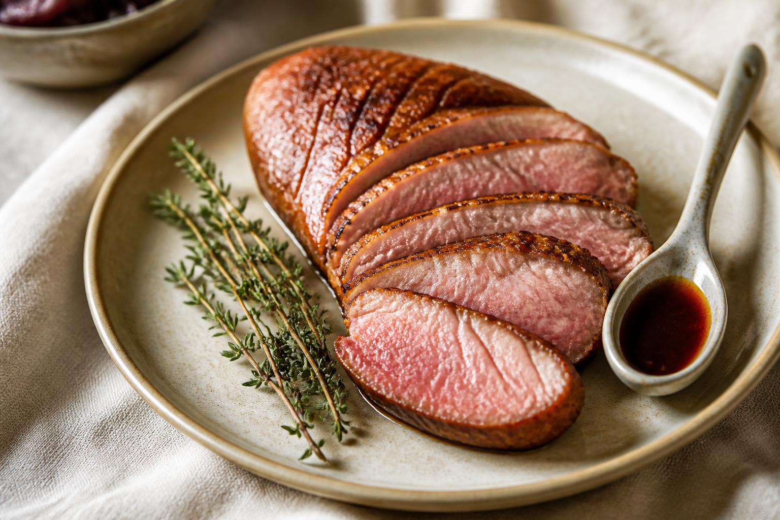Sliced oven-roasted duck breast with golden crisp skin and a rosy centre, with a spoon of pan jus