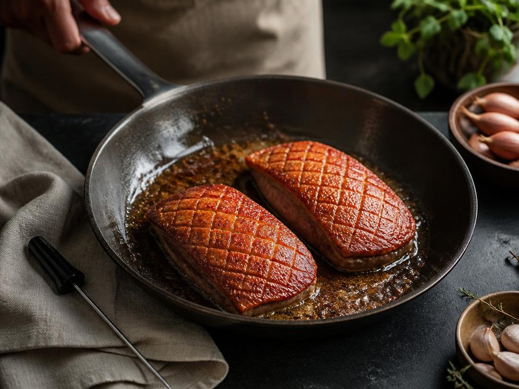 Pan-Seared Duck Breast being prepared in the kitchen