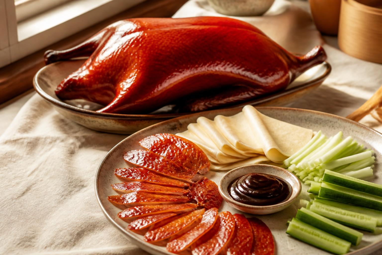 Whole Peking-style duck with lacquered mahogany skin beside sliced skin, thin pancakes, scallion, cucumber and hoisin