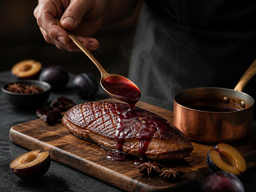 Smoked Duck with Plum Sauce being prepared in the kitchen