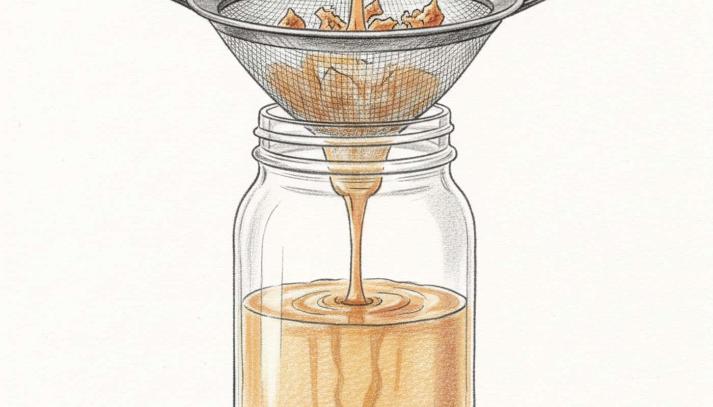 Colored-pencil sketch of rendered duck fat being strained into a jar