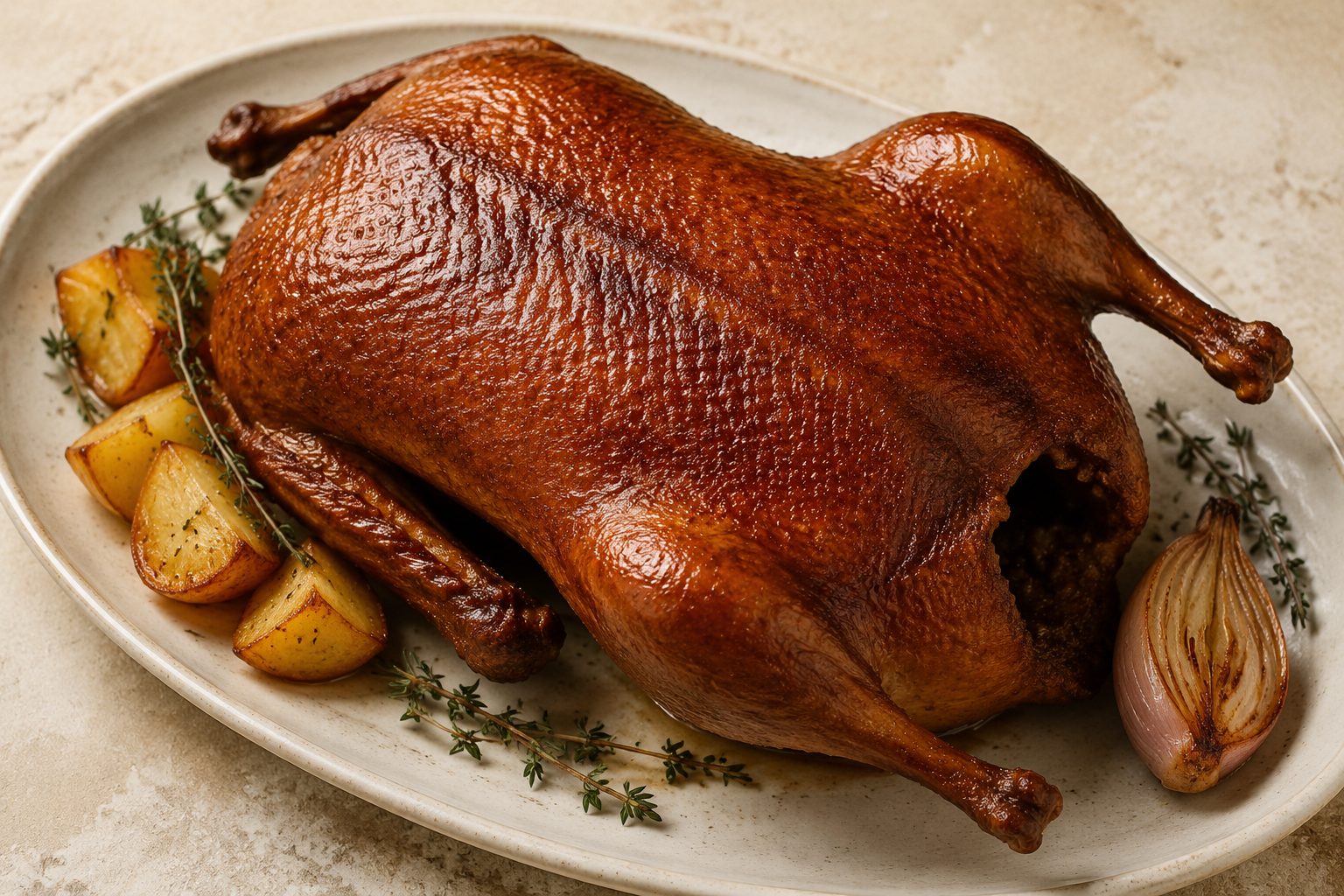 Whole roasted duck with crisp mahogany skin, roast potatoes and thyme