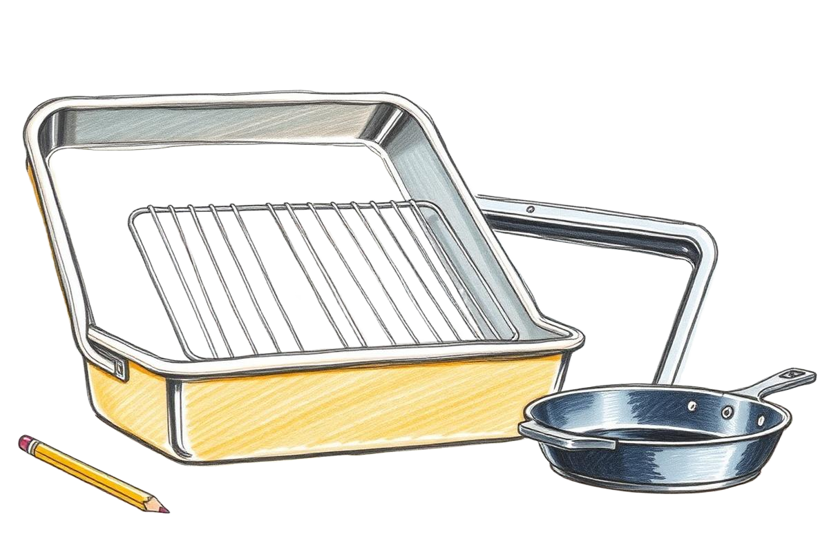 Colored-pencil sketch of a roasting pan holding a wire rack beside a rimmed sheet pan and a cast-iron skillet