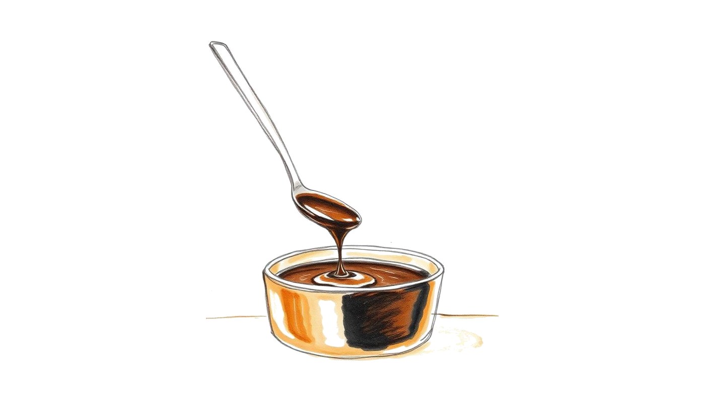 Colored-pencil sketch of a spoon lifting glossy reduction sauce from a pan