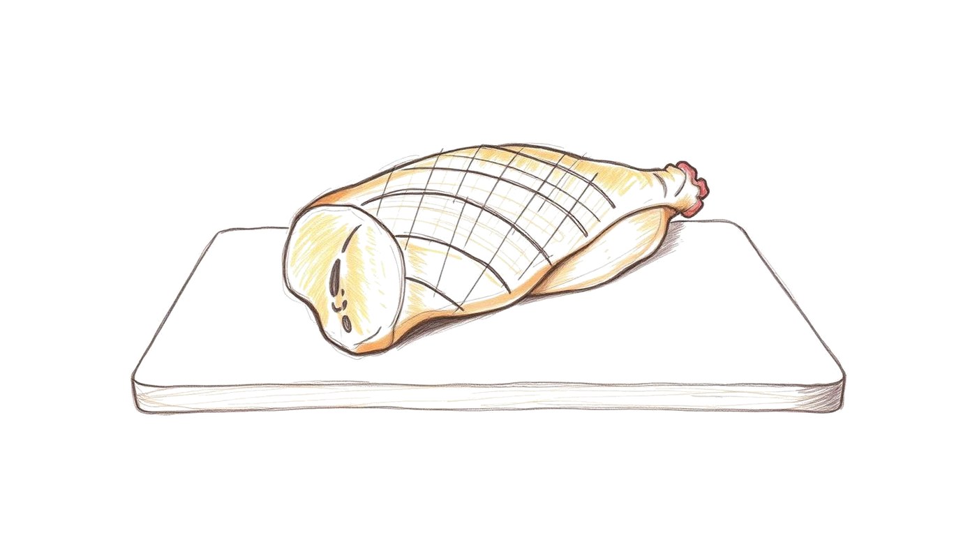 Colored-pencil sketch of a knife tip scoring a crosshatch into duck skin