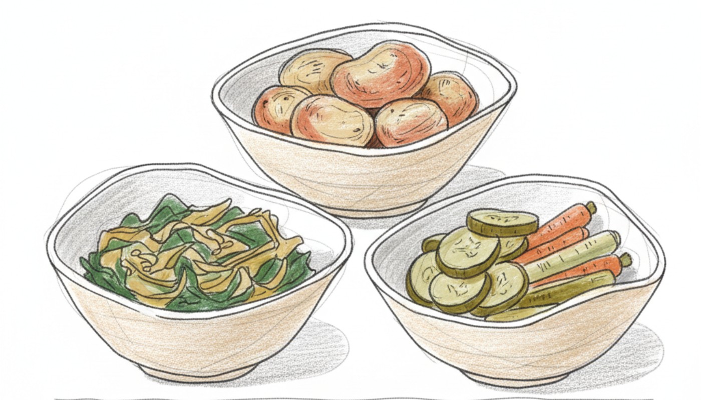 Colored-pencil sketch of braised greens, roast potatoes and pickles in bowls