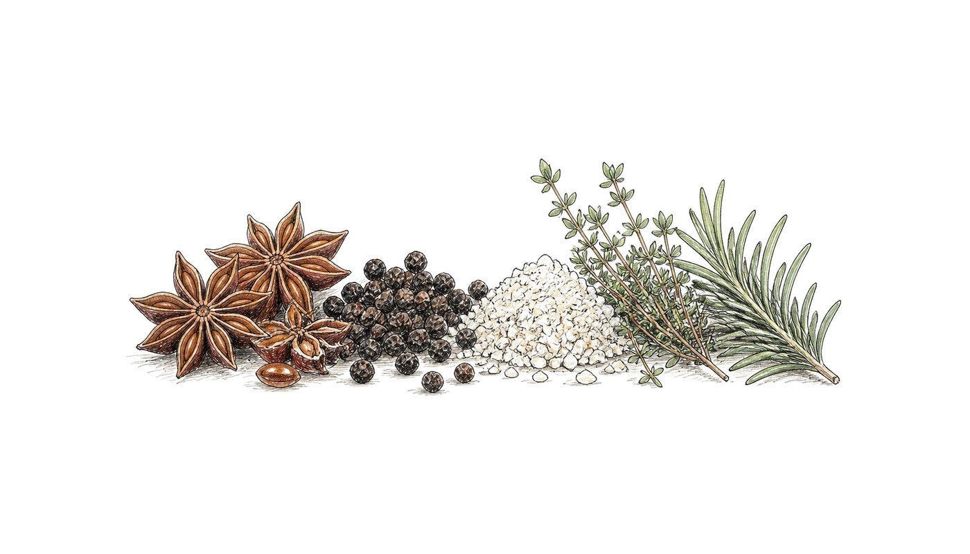 Colored-pencil sketch of star anise, peppercorns, salt and herb sprigs