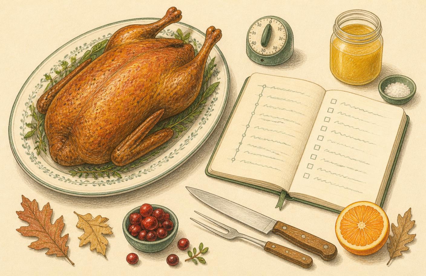Colored-pencil sketch of a Thanksgiving planning scene: a roast duck on a serving platter beside a handwritten timeline and checklist