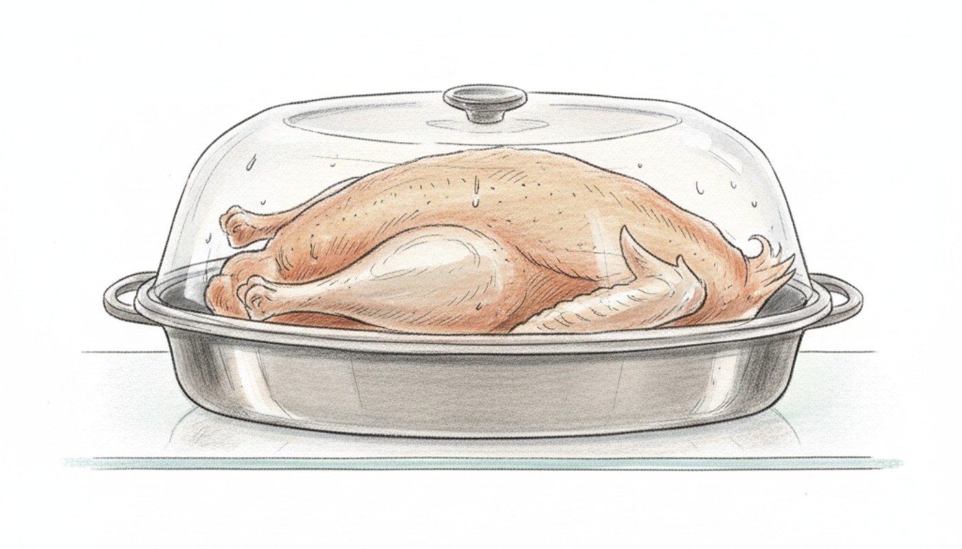 Colored-pencil sketch of a covered tray thawing on a refrigerator shelf