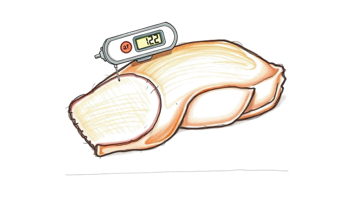 Colored-pencil sketch of an instant-read thermometer probing a duck breast