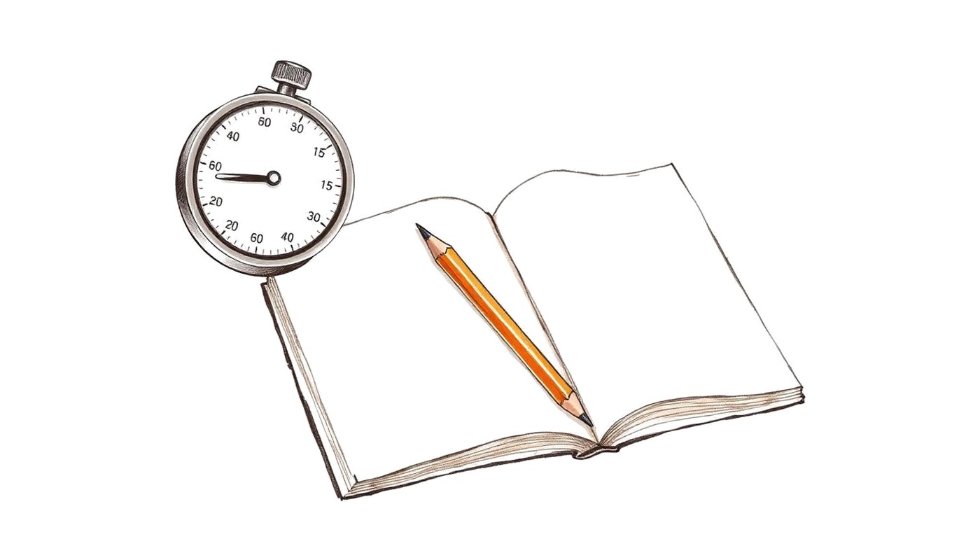 Colored-pencil sketch of a kitchen timer beside an open notebook and pencil