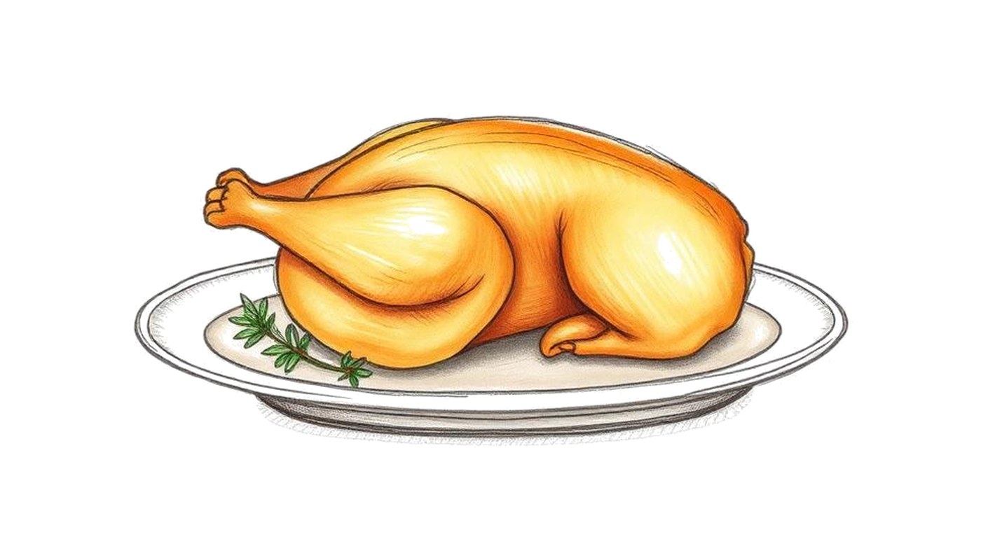Colored-pencil sketch of a whole roast duck resting on a platter with thyme