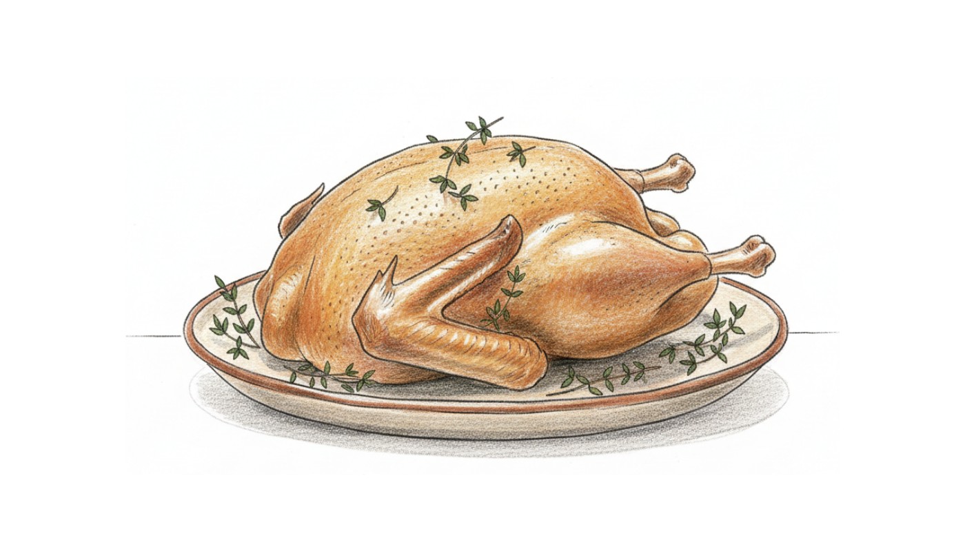 Colored-pencil sketch of a whole roast duck resting on a platter with thyme