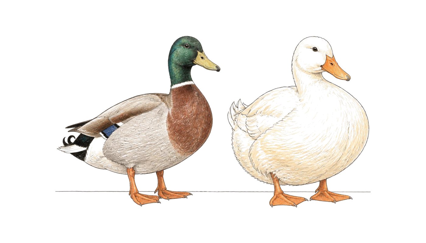 Colored-pencil sketch comparing a wild mallard drake with a farmed Pekin duck